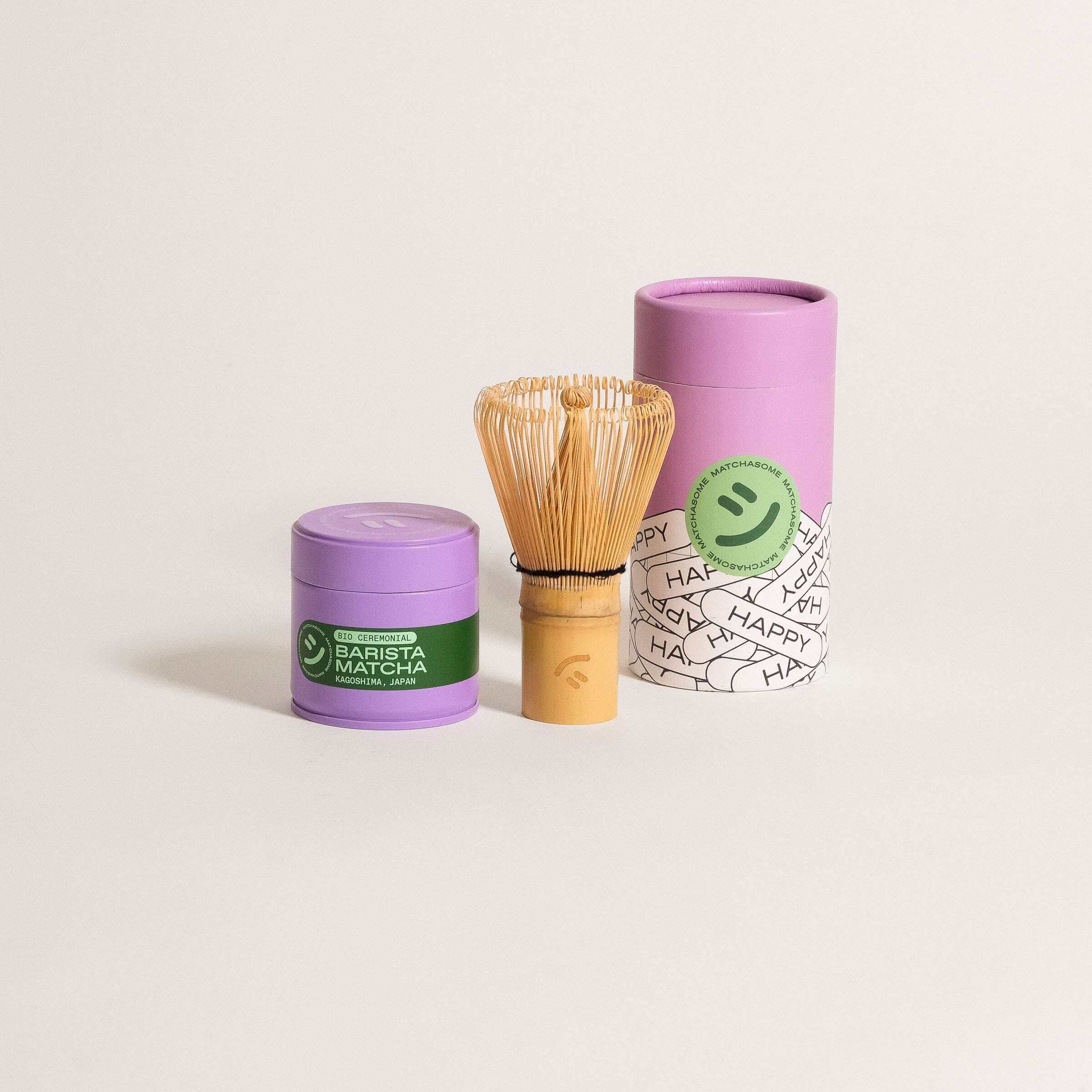 Matcha Gear & Refill collection featuring matcha whisk and refill containers in purple packaging.