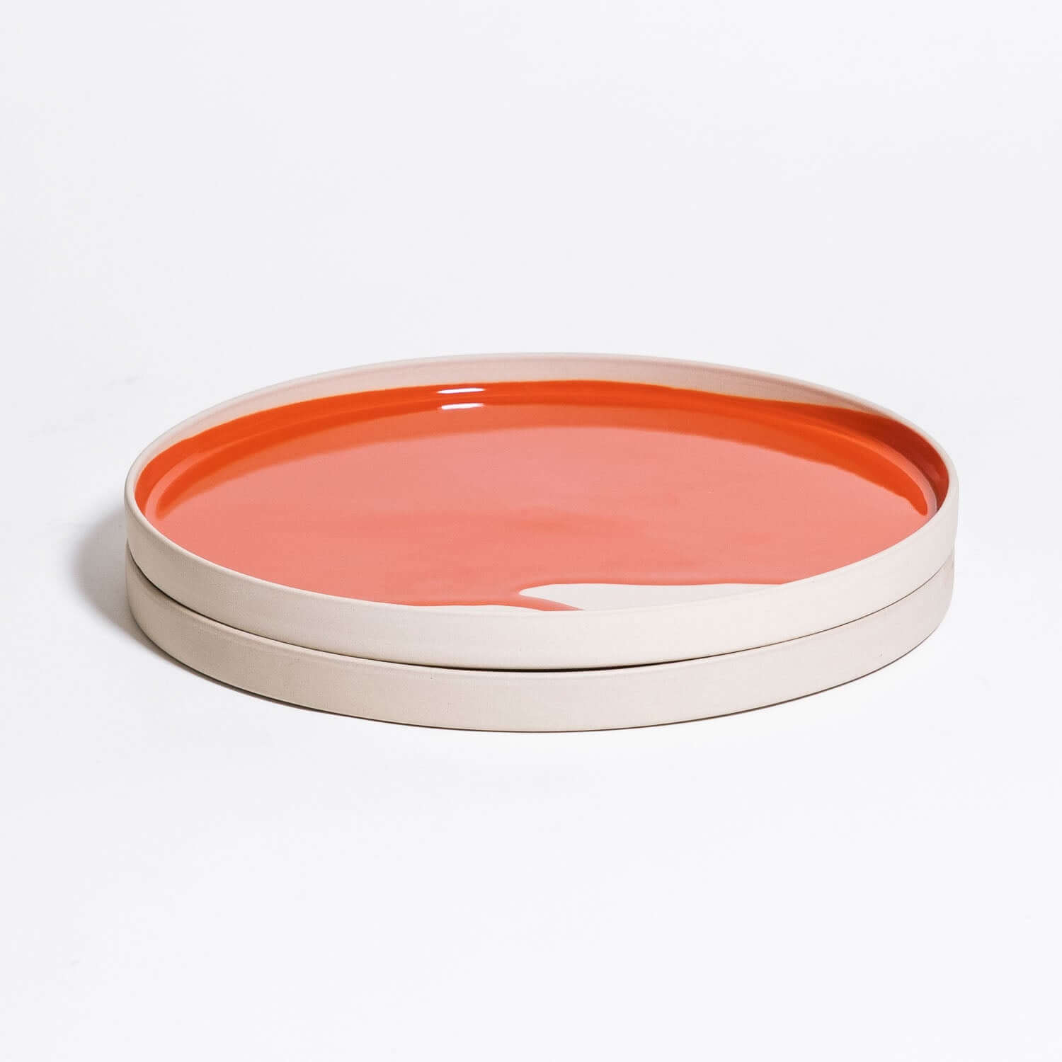 Set of 2 - Dinner Plate – Splash Red, flache steinzeug Teller mit rotem Spritzenglasur, made in Germany.