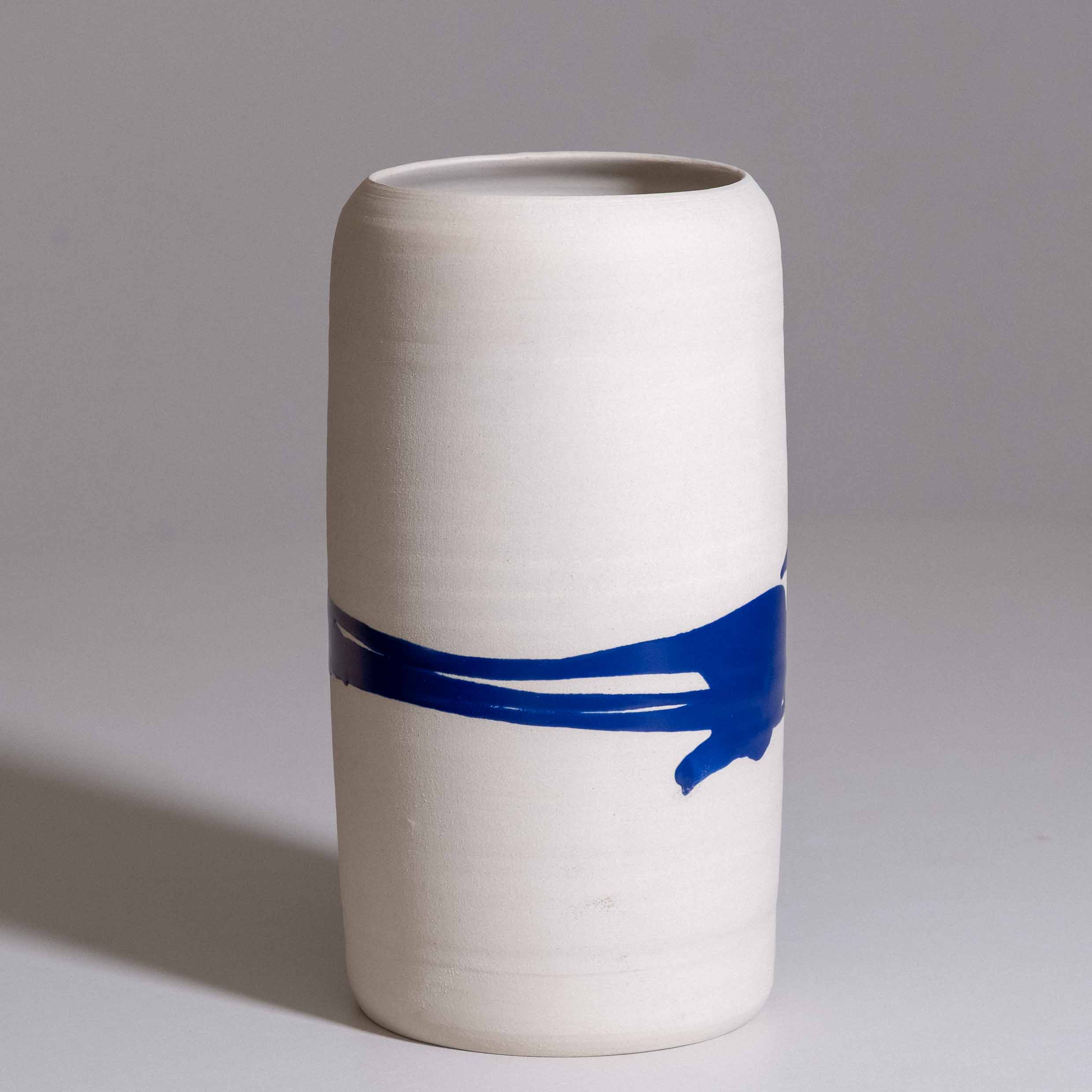 Zylindervase mit blauer Splash-Glasur, handgedrehtes Steinzeug, Zweite Wahl, in Deutschland gefertigt