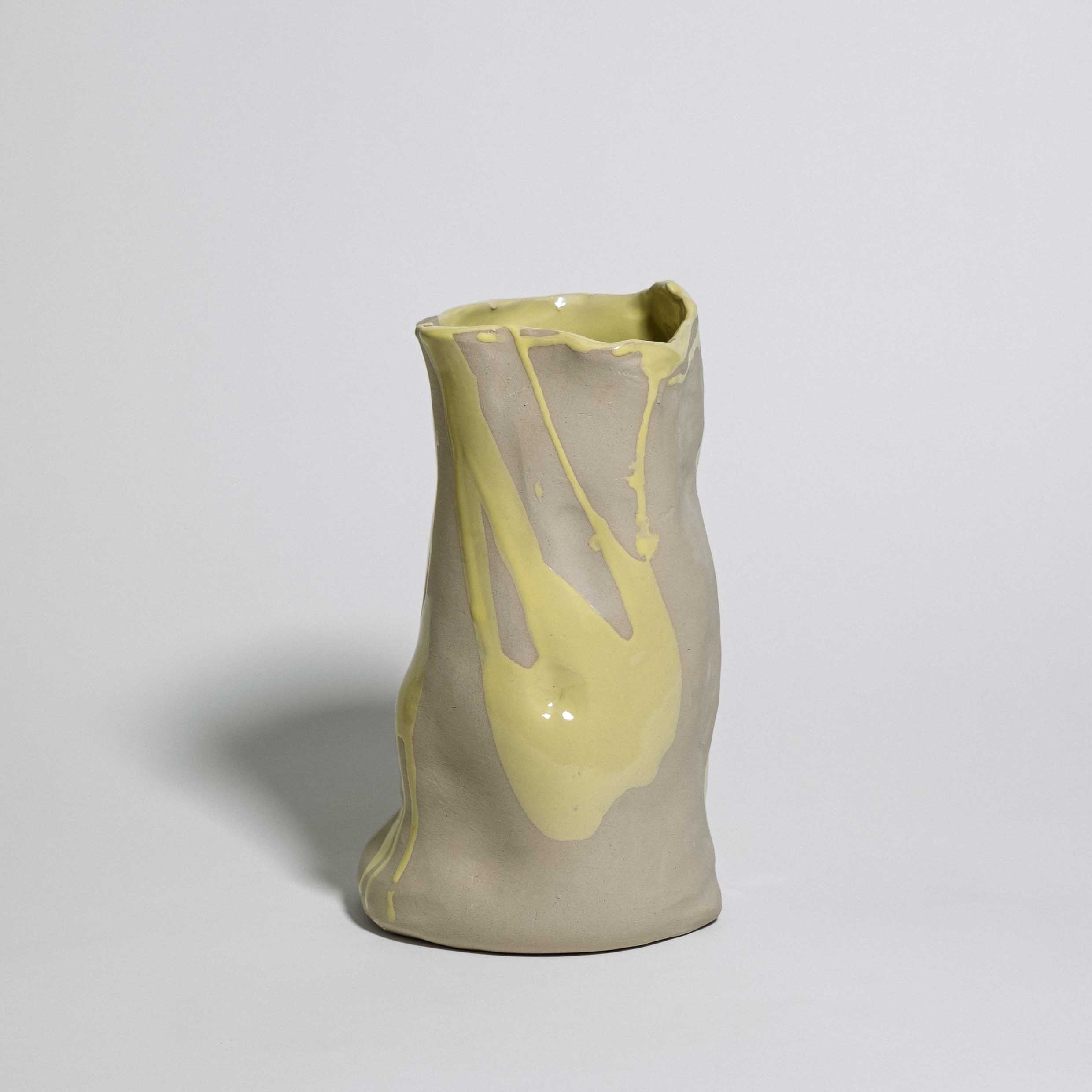 Handmade one-of-a-kind tall ceramic vase in pale yellow stoneware glaze by Viola Beuscher