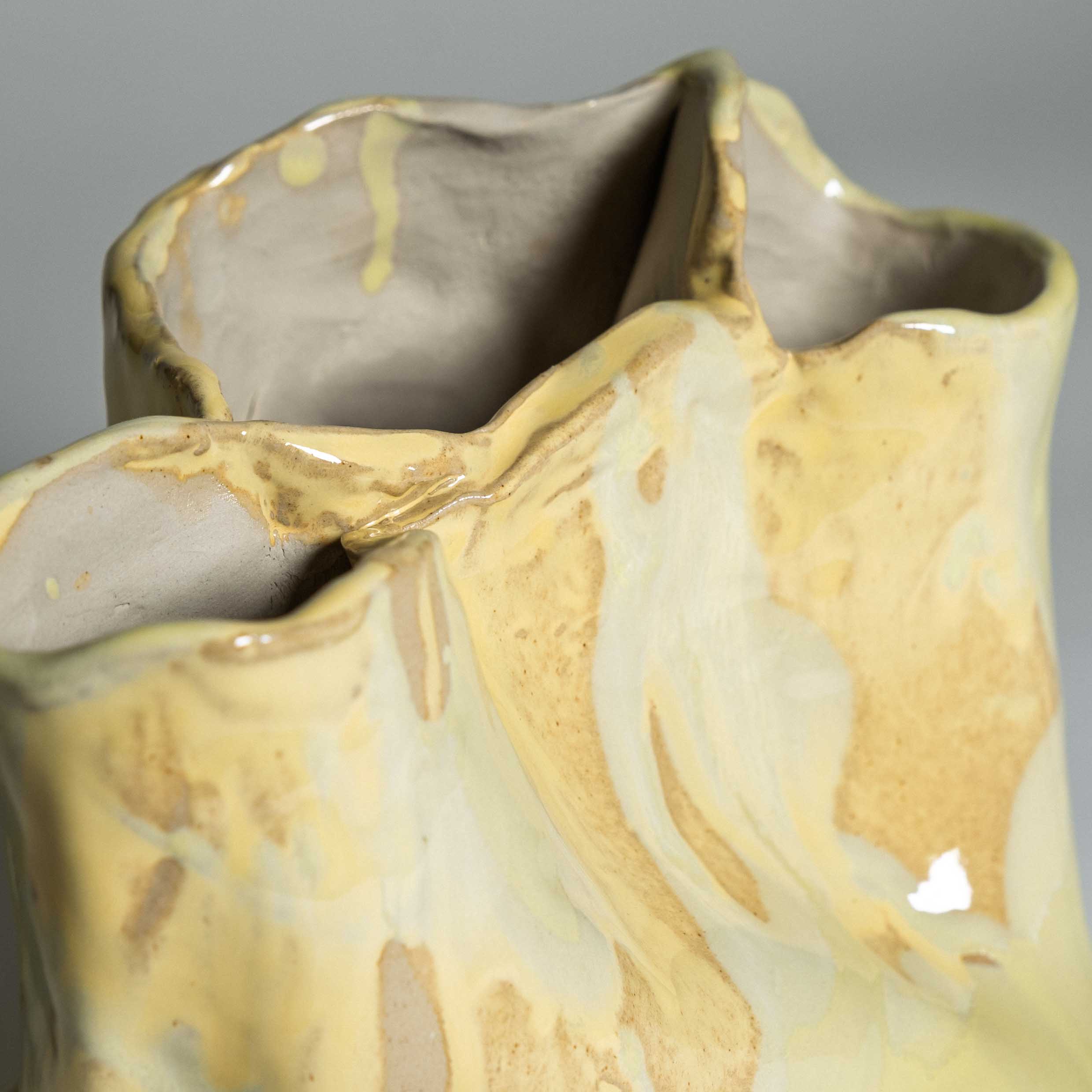 Handmade one-of-a-kind wide ceramic vase in buttery yellow stoneware glaze by Viola Beuscher