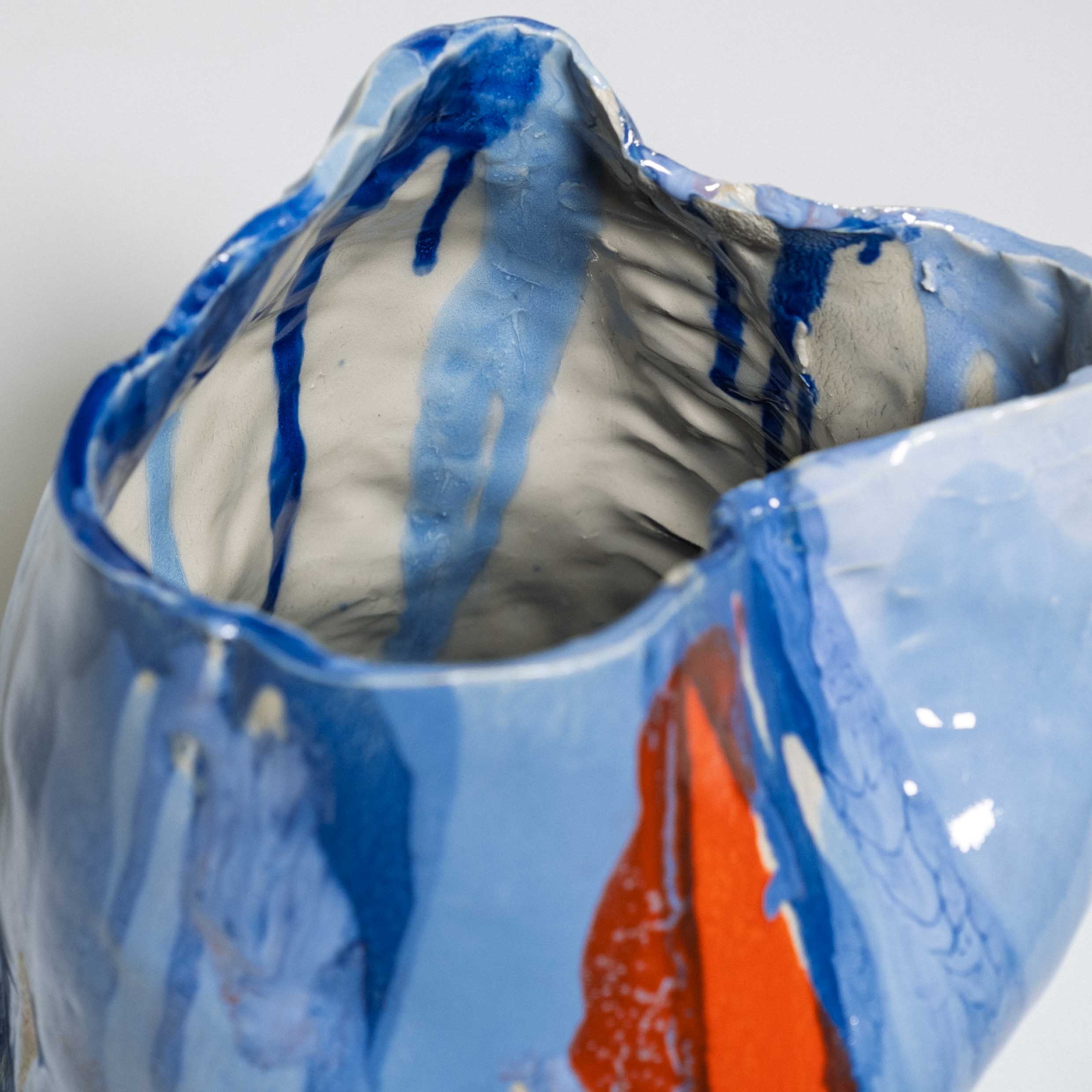 Handmade one-of-a-kind ceramic vase, marbled cobalt blue and red stoneware, by Viola Beuscher