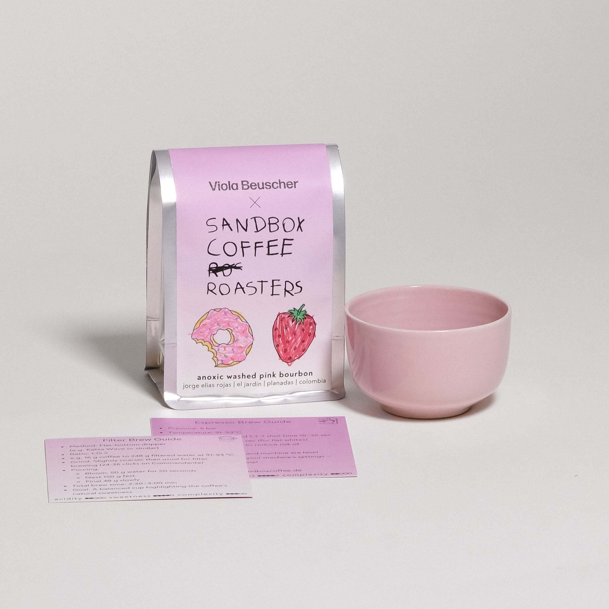 Coffee Bundle - Sandbox Coffee x Viola Beuscher - Anoxic Washed Pink Bourbon with pink cup and coffee bag.