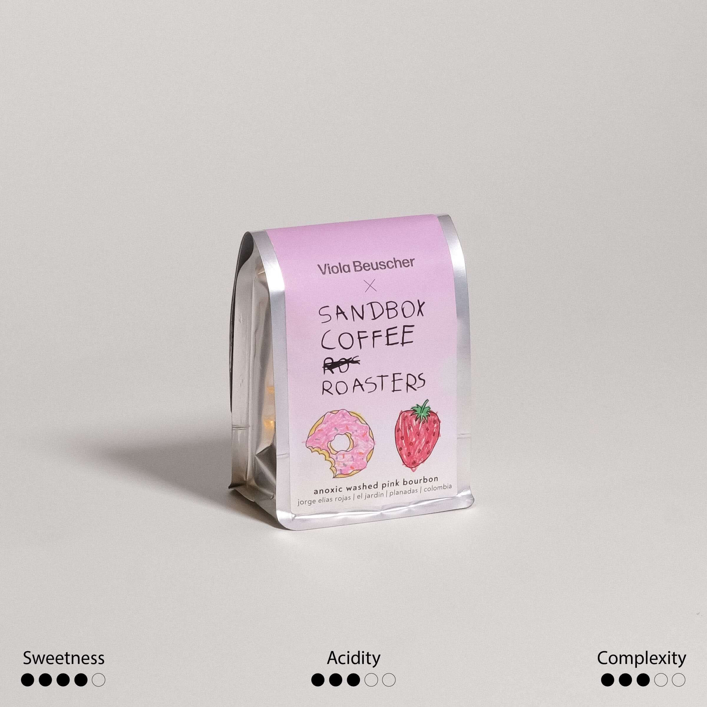 Kaffeepaket - Pink Bourbon Kaffee Bundle von Sandbox Coffee und Viola Beuscher mit grafischem Design.