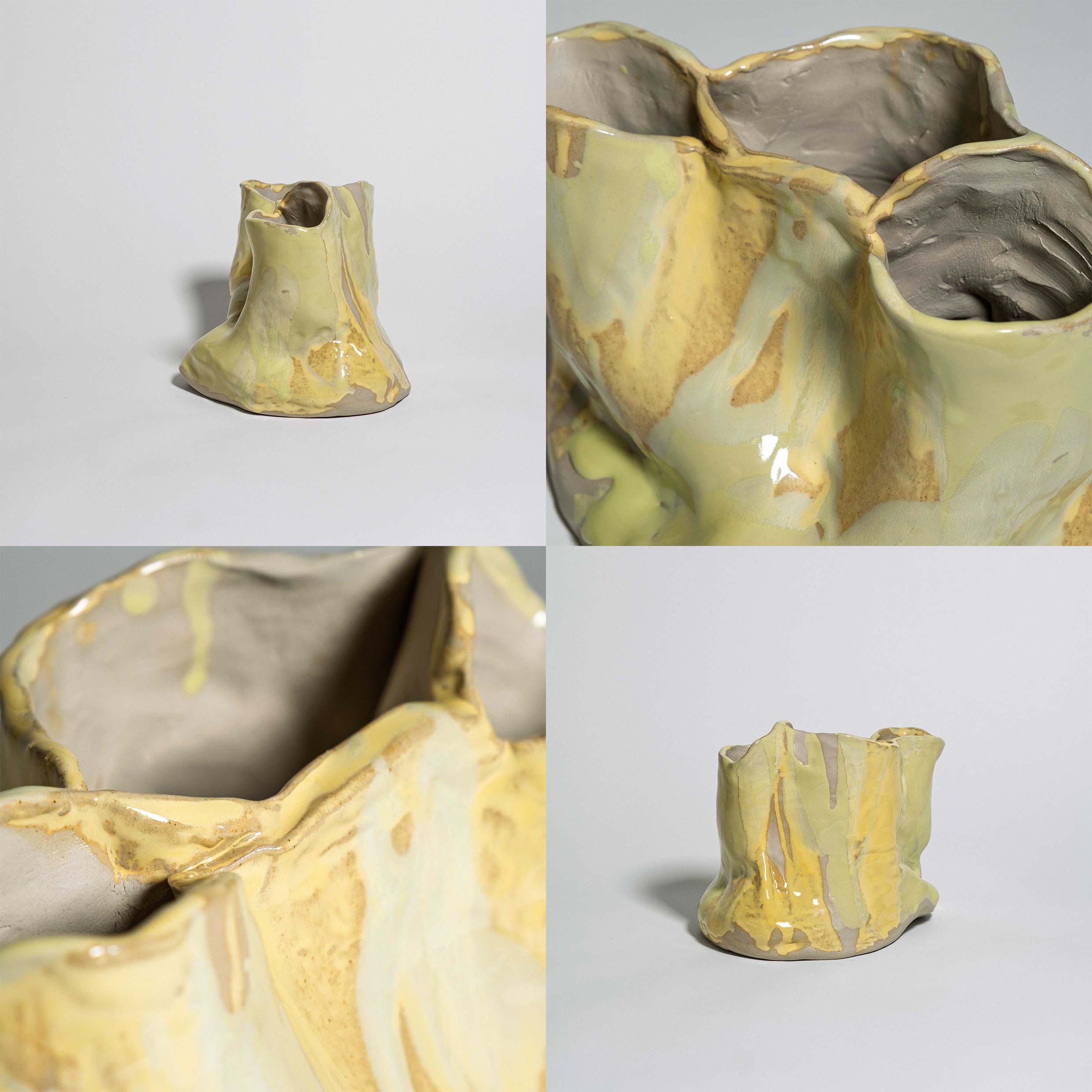 Handmade one-of-a-kind wide ceramic vase in buttery yellow stoneware glaze by Viola Beuscher