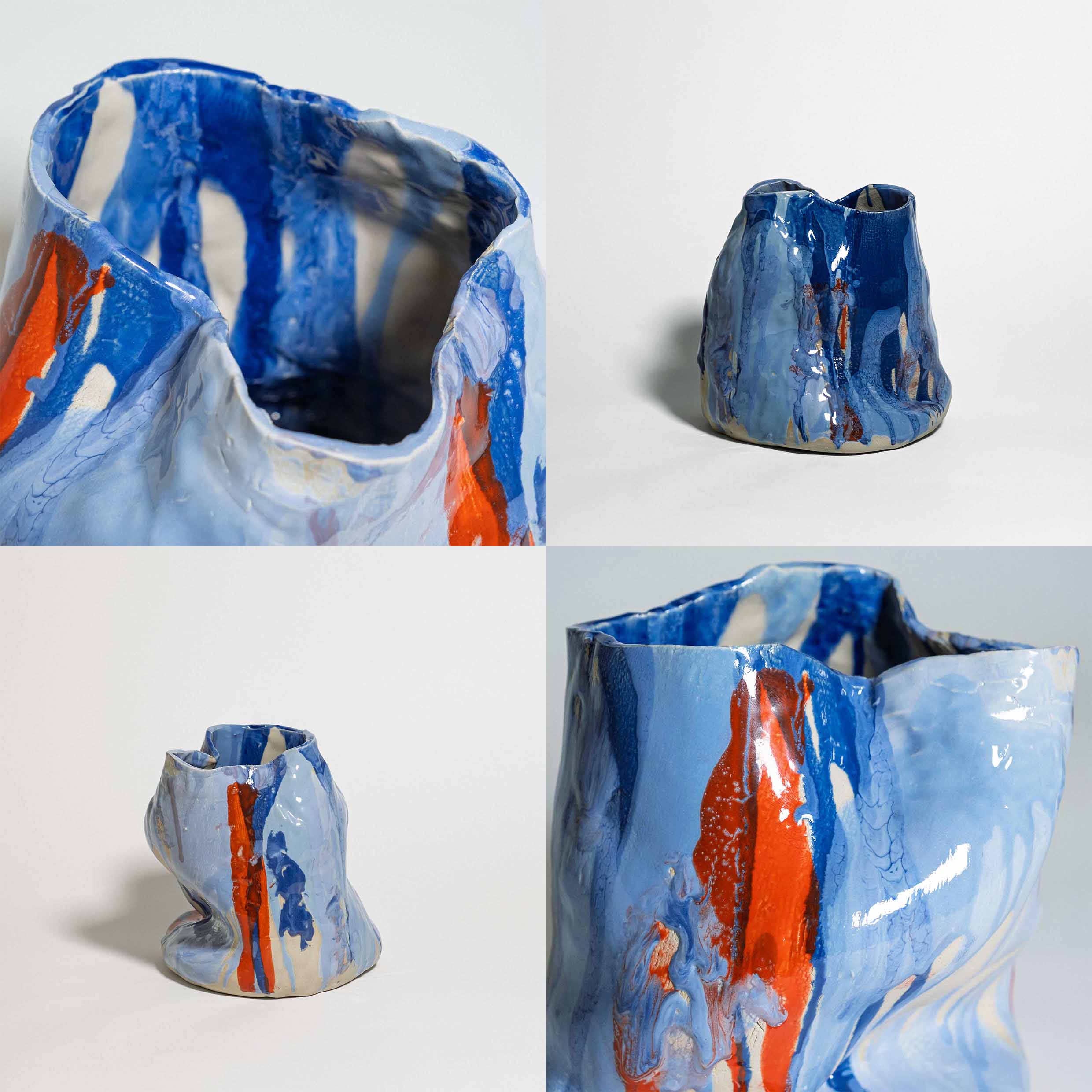 Handmade one-of-a-kind ceramic vase, marbled cobalt blue and red stoneware, by Viola Beuscher