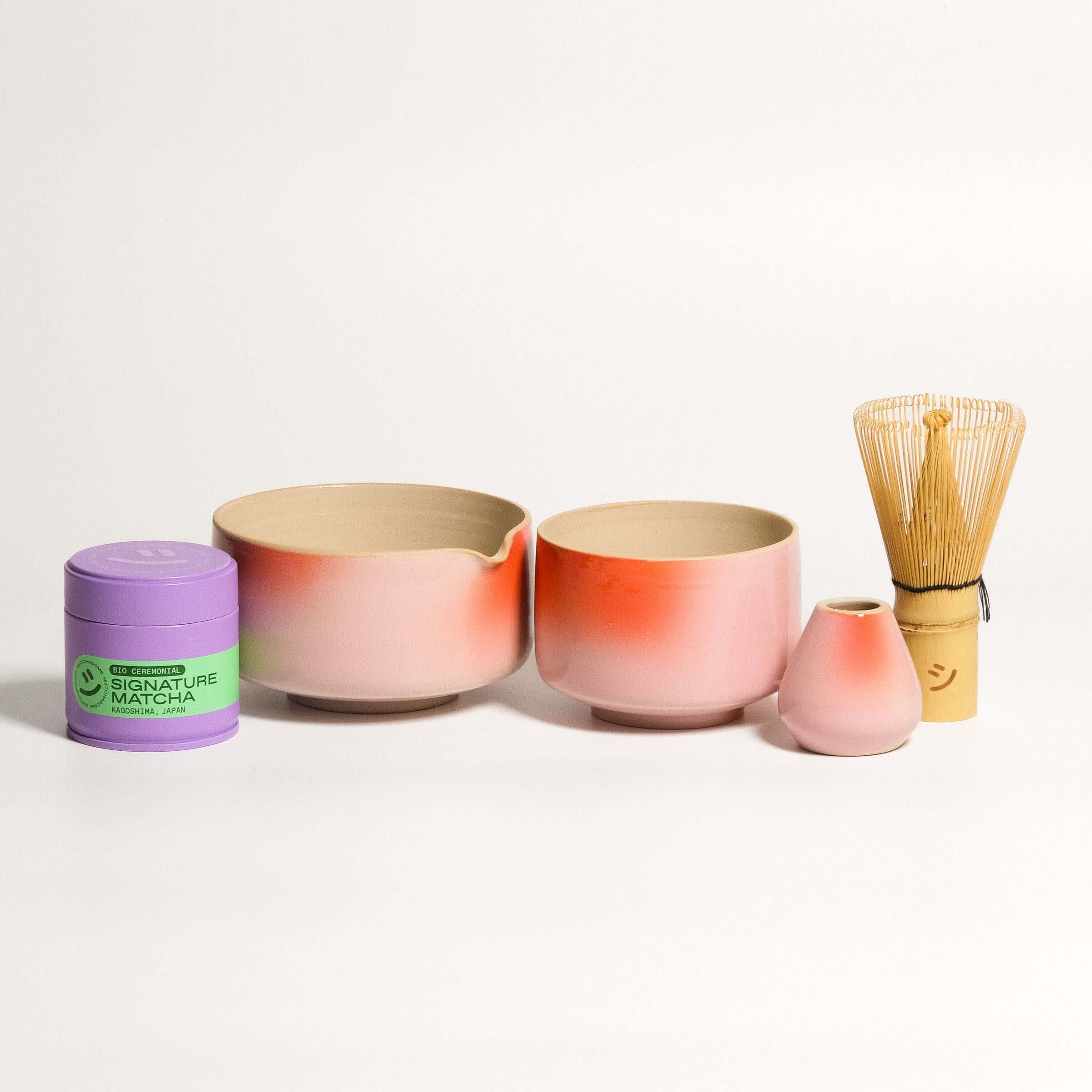 Matcha Set – Gradient - Organic Ceremonial Matcha Supreme including bowls, cup, whisk holder, and matcha.