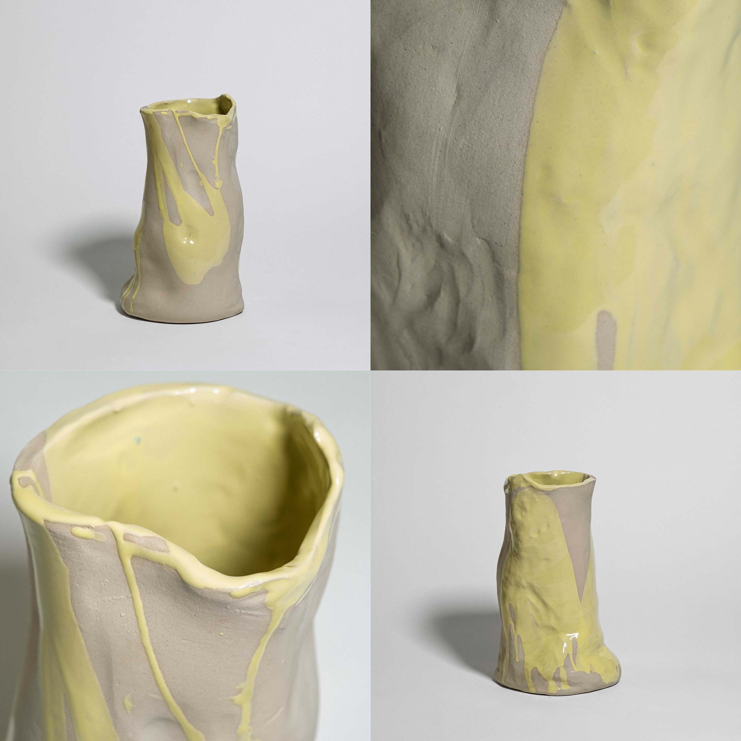 Handmade one-of-a-kind tall ceramic vase in pale yellow stoneware glaze by Viola Beuscher