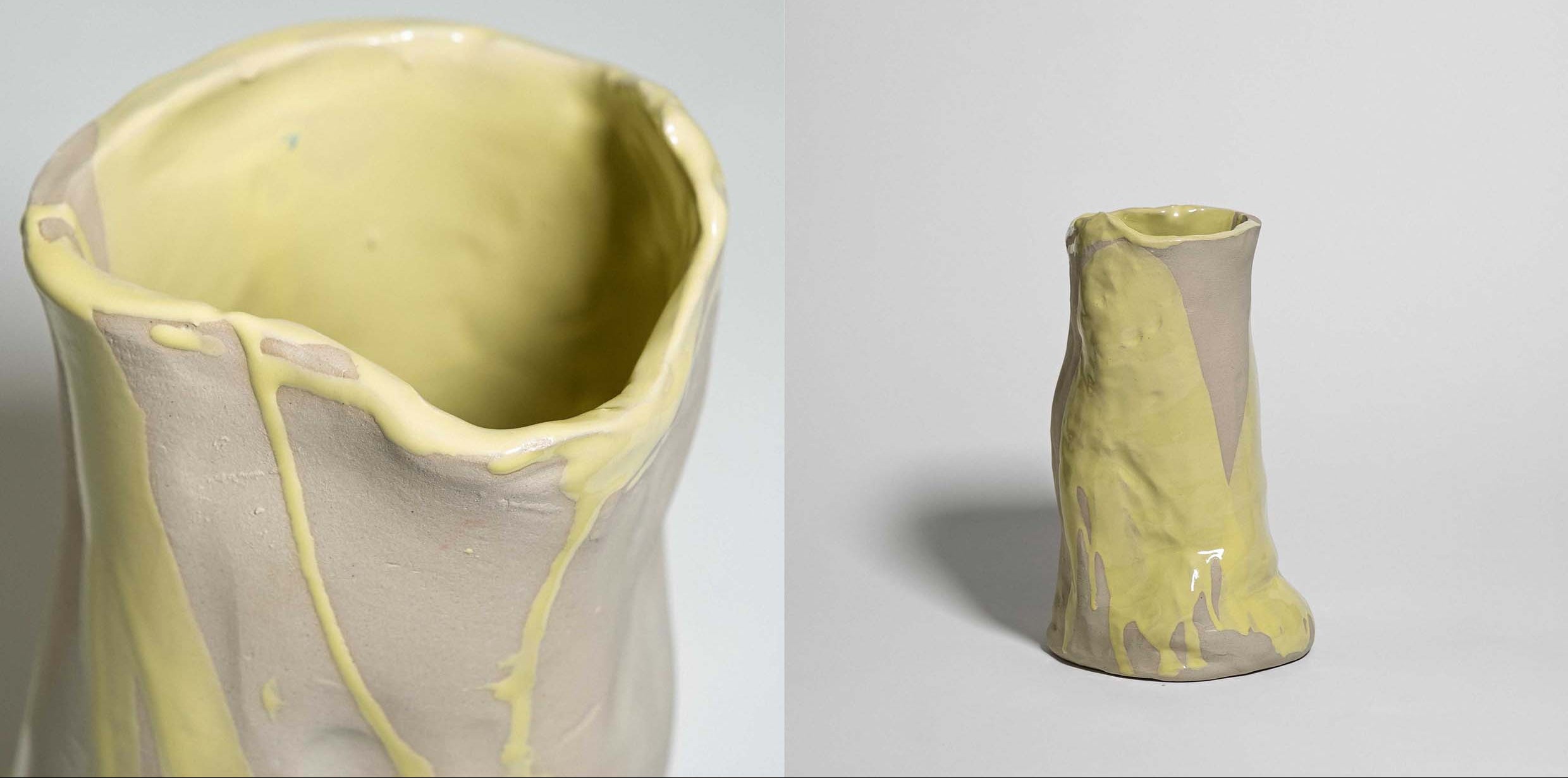 A collage showing multiple views of a small sculptural ceramic vase with a matte warm gray body and glossy pale yellow dripped glaze, on a light gray studio background.