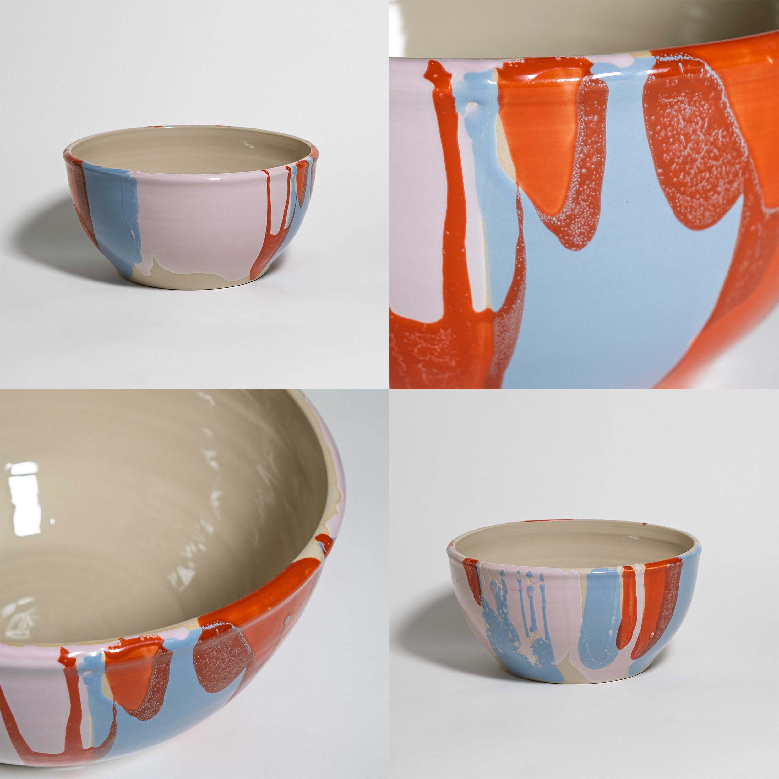 Handmade one-of-a-kind ceramic serving bowl, cream interior with red and blue glaze splashes, by Viola Beuscher
