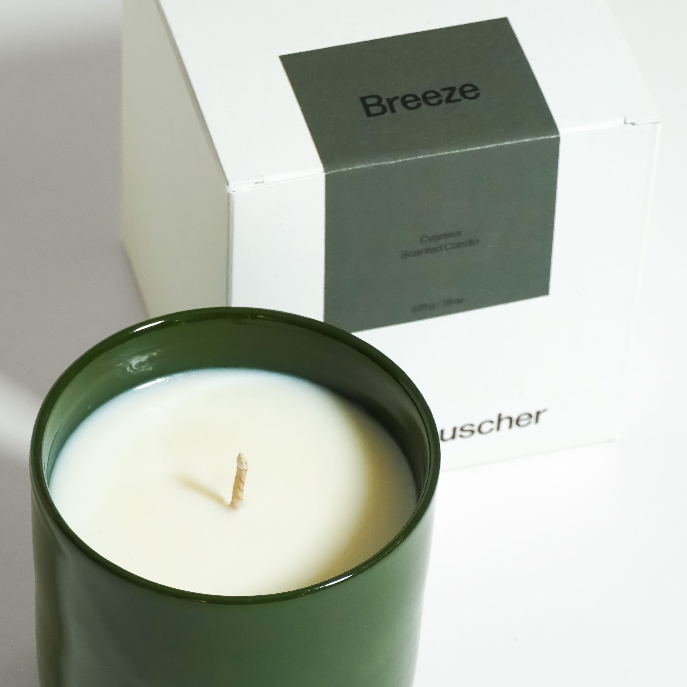 Scented Candle – Cypress – Breeze in glossy green ceramic cup with box packaging.