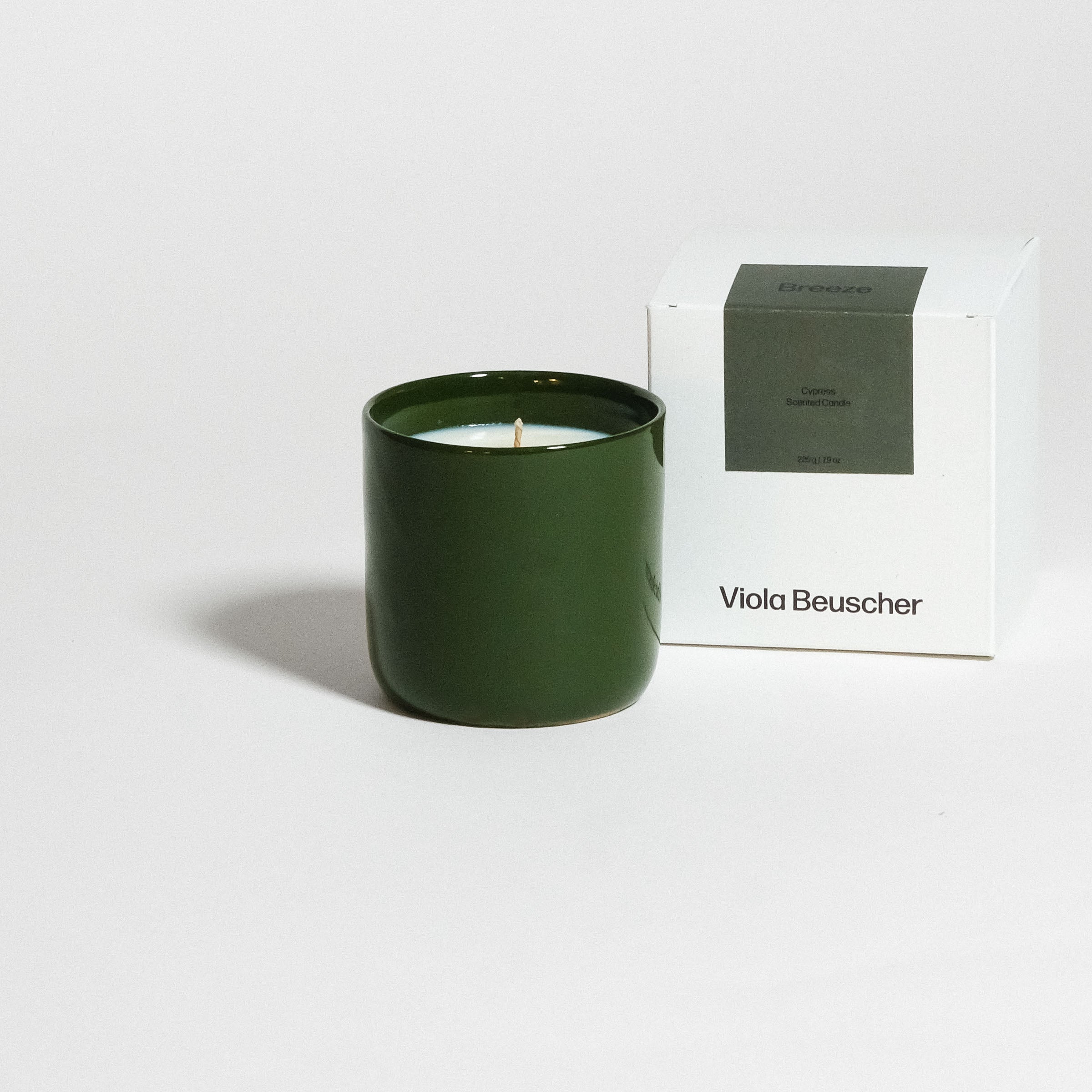 Scented Candle – Cypress – Breeze in a green ceramic cup with white box packaging.