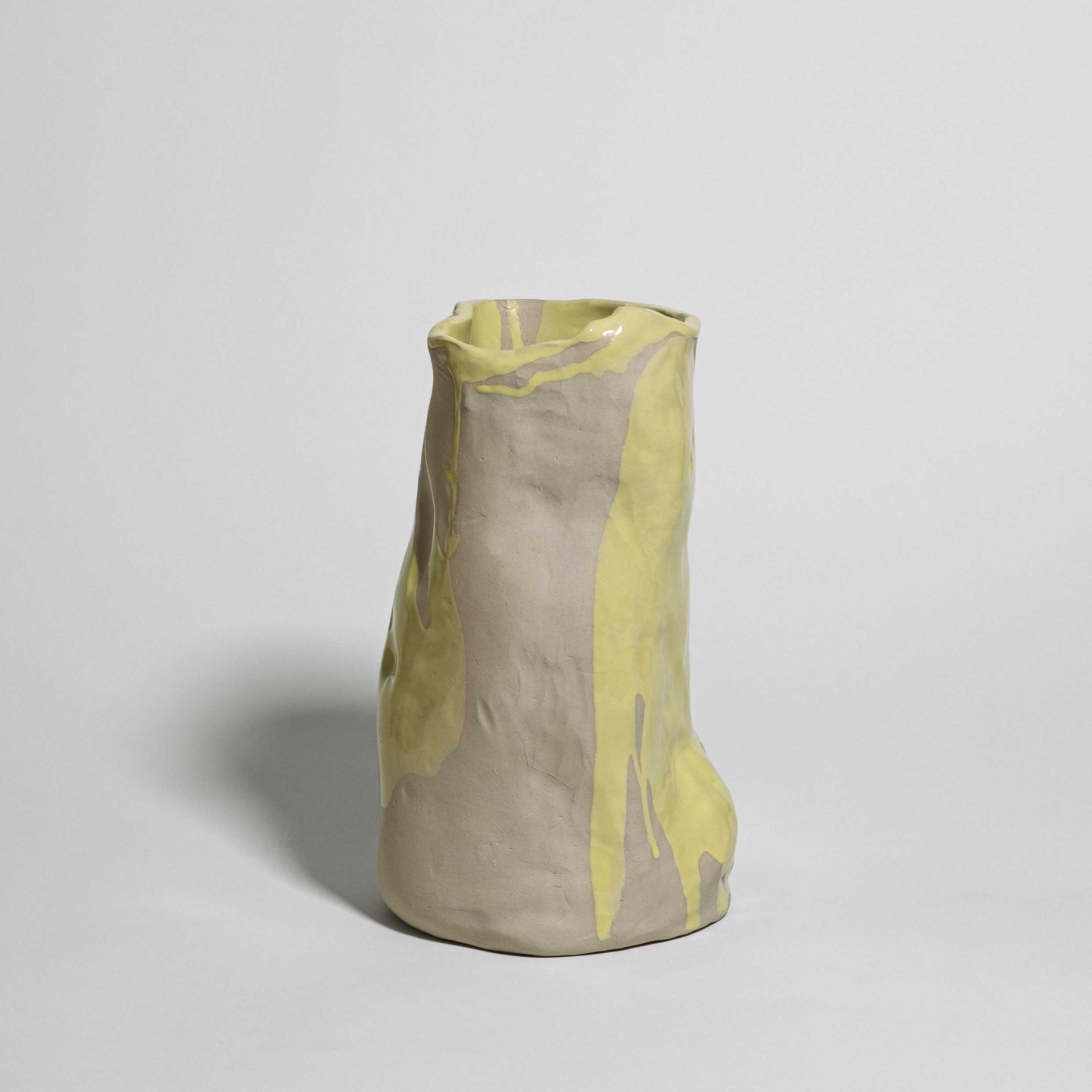 Handmade one-of-a-kind tall ceramic vase in pale yellow stoneware glaze by Viola Beuscher