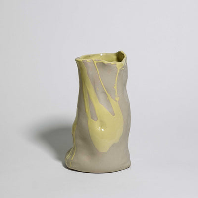 Handmade one-of-a-kind tall ceramic vase in pale yellow stoneware glaze by Viola Beuscher
