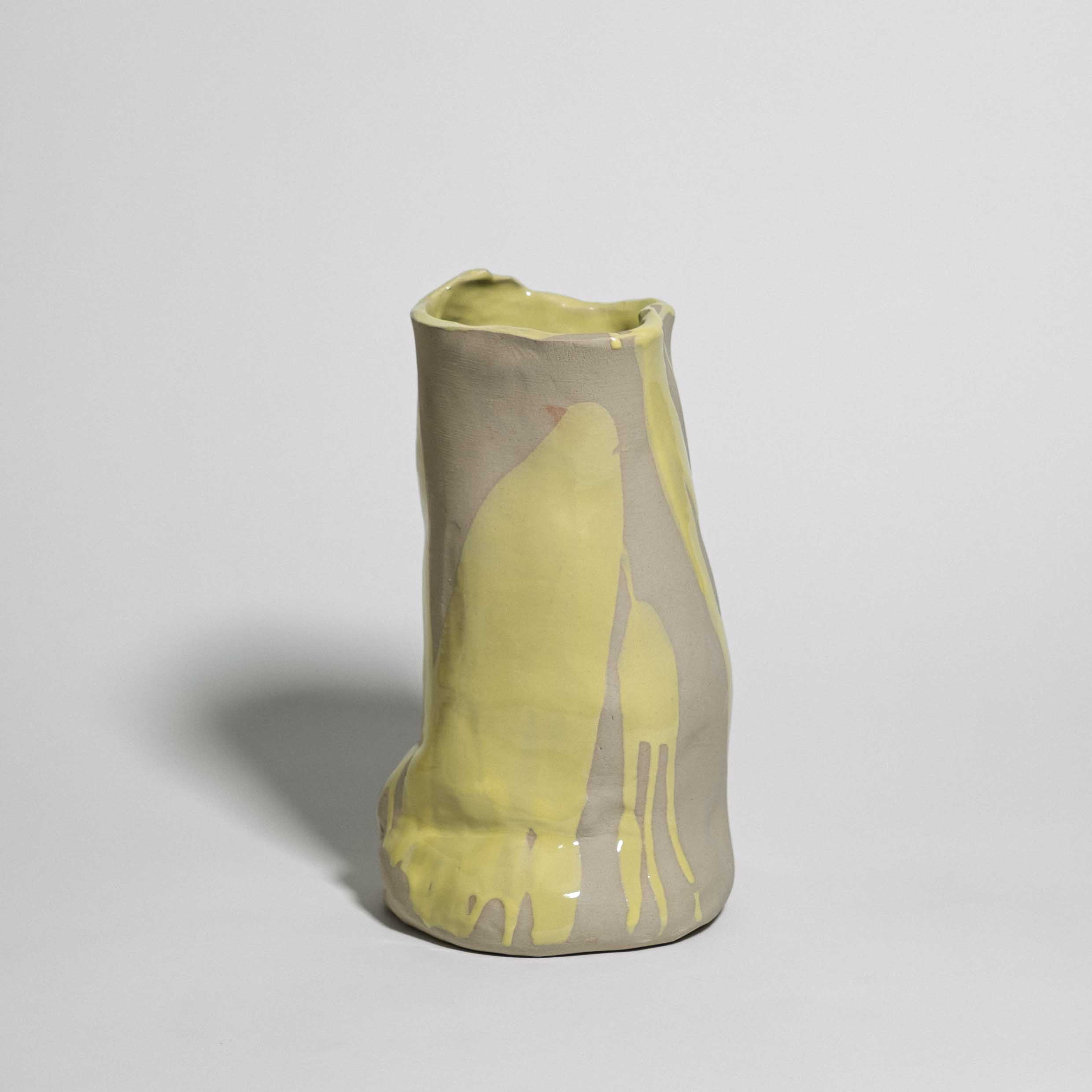 Handmade one-of-a-kind tall ceramic vase in pale yellow stoneware glaze by Viola Beuscher