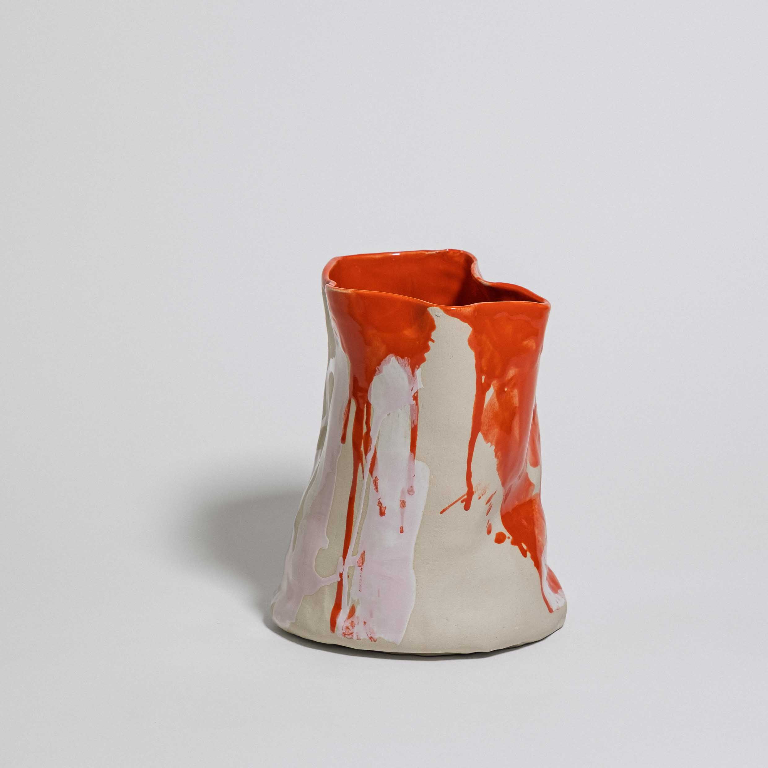 Handmade one-of-a-kind ceramic vase, cream stoneware with a bold red glaze pour, by Viola Beuscher