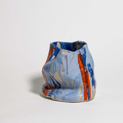 Handmade one-of-a-kind ceramic vase, marbled cobalt blue and red stoneware, by Viola Beuscher