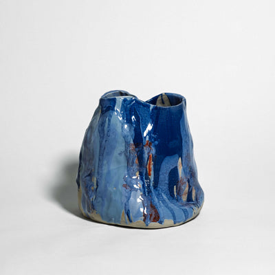 Handmade one-of-a-kind ceramic vase, marbled cobalt blue and red stoneware, by Viola Beuscher