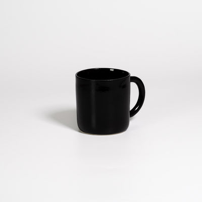 Coffee Mug Large Black, handled stoneware mug with glossy black glaze, handle turned away
