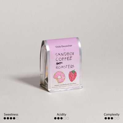 Kaffeepaket - Pink Bourbon Kaffee Bundle von Sandbox Coffee und Viola Beuscher mit grafischem Design.