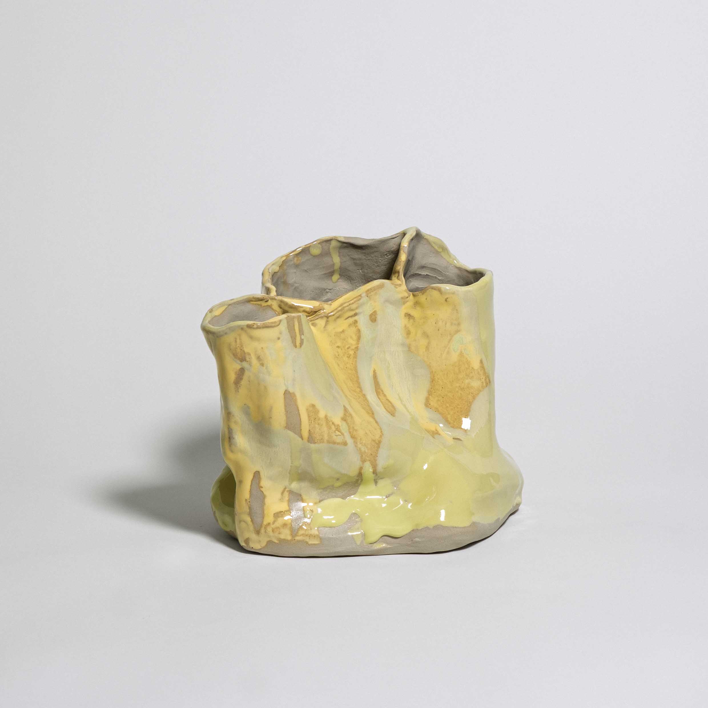 Handmade one-of-a-kind wide ceramic vase in buttery yellow stoneware glaze by Viola Beuscher