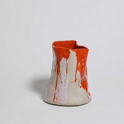 Handmade one-of-a-kind ceramic vase, cream stoneware with a bold red glaze pour, by Viola Beuscher