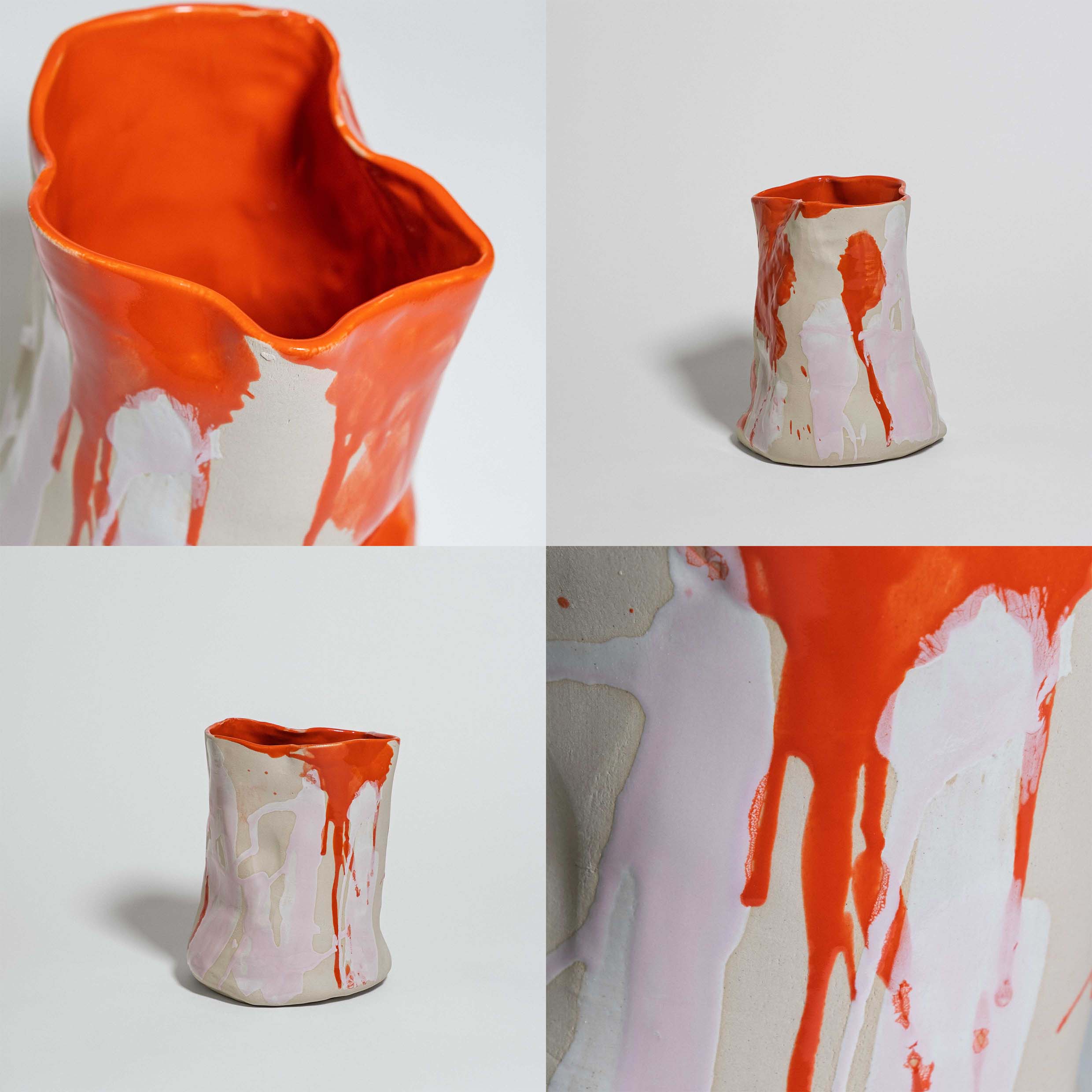 Handmade one-of-a-kind ceramic vase, cream stoneware with a bold red glaze pour, by Viola Beuscher