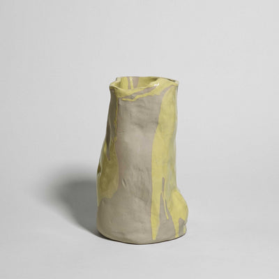 Handmade one-of-a-kind tall ceramic vase in pale yellow stoneware glaze by Viola Beuscher