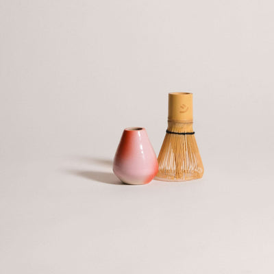 Matcha Set – Gradient - Organic Ceremonial Matcha Supreme featuring a matcha whisk holder and cup in pink and red hues.