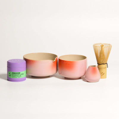 Matcha Set – Gradient - Organic Ceremonial Matcha Supreme including bowls, cup, whisk holder, and matcha.