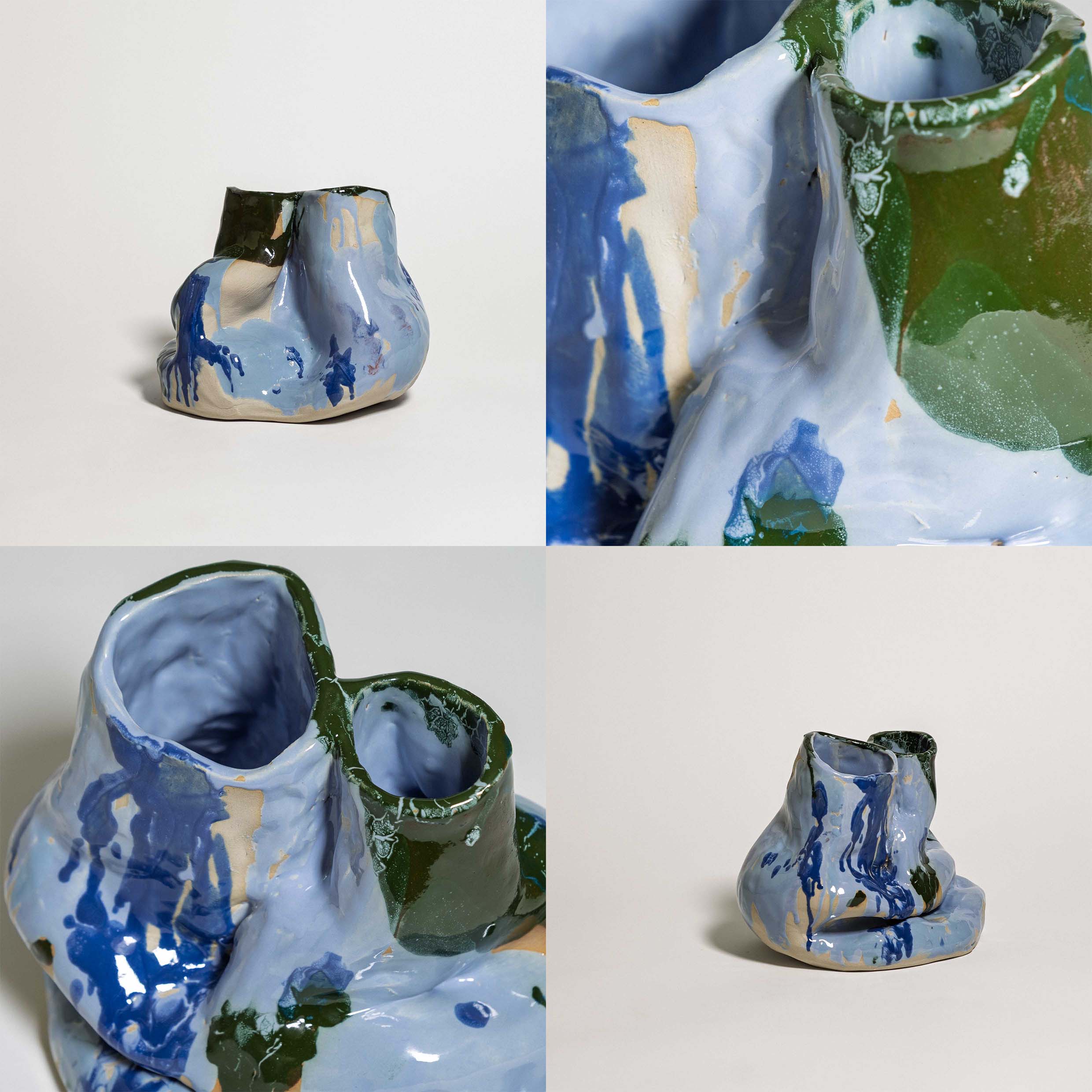 Handmade one-of-a-kind ceramic vase in blue and deep green stoneware glaze by Viola Beuscher