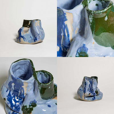 Handmade one-of-a-kind ceramic vase in blue and deep green stoneware glaze by Viola Beuscher