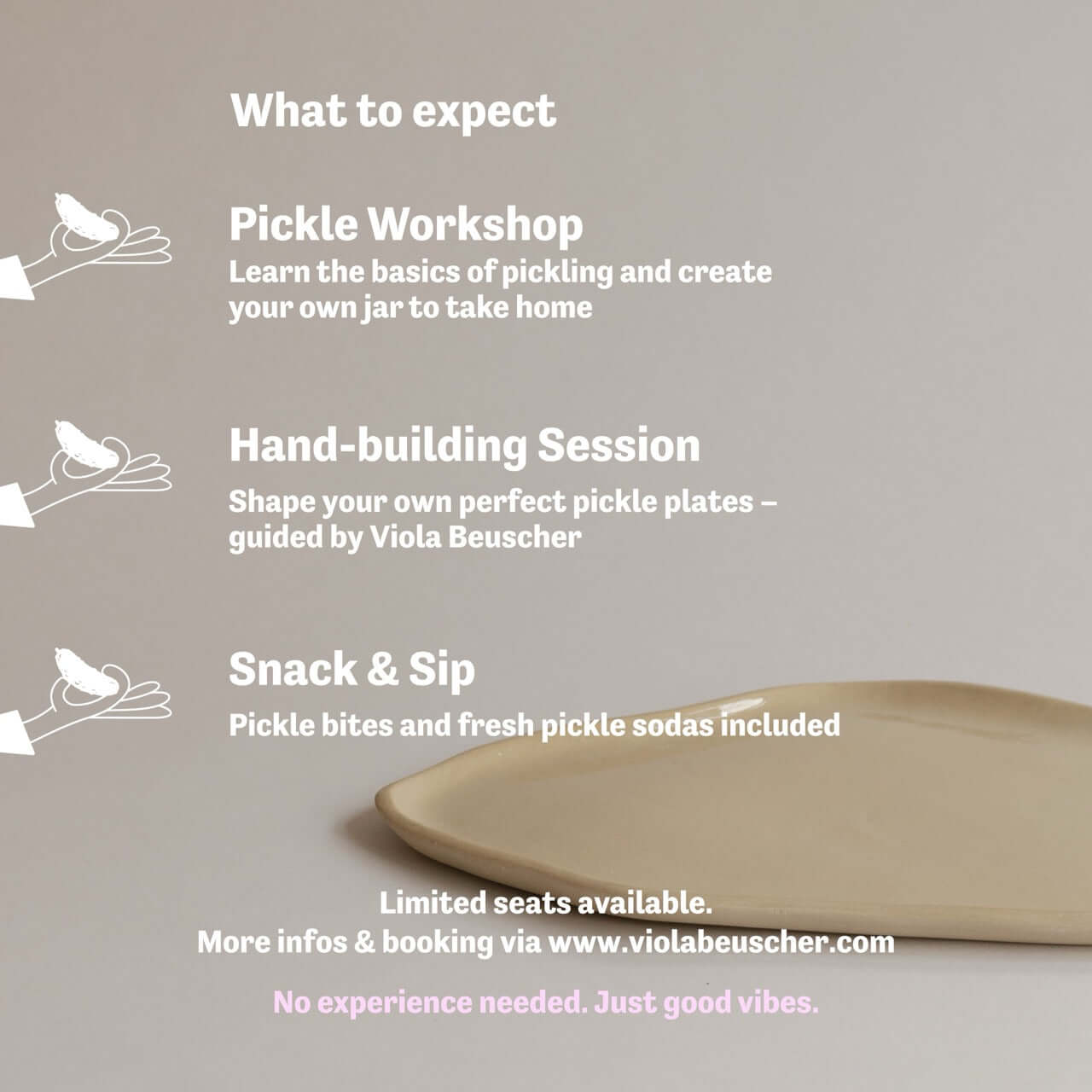 Pickling and pottery workshop details including workshop activities, snacks, and booking information.
