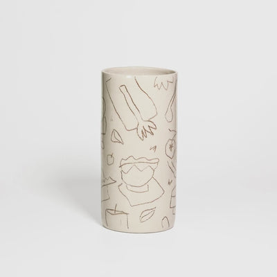 Video of the brown hand-drawn stoneware vase by Viola Beuscher x Steffi Bauer, turning to show the illustration all around