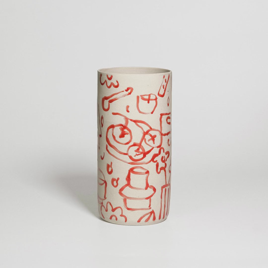 Load video: Video of the hand-painted red stoneware vase by Viola Beuscher x Steffi Bauer, turning to show the illustration all around