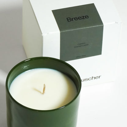 Scented Candle – Cypress – Breeze in glossy green ceramic cup with box packaging.