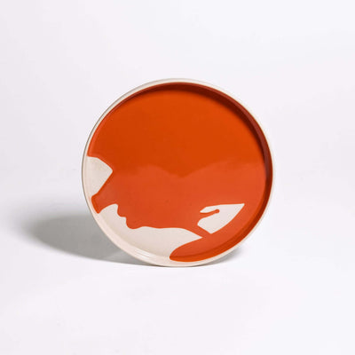 Steinzeug Frühstücksteller im 8er Set mit roter Splash-Glasur, zylindrisch und flach, Ø 19 cm.