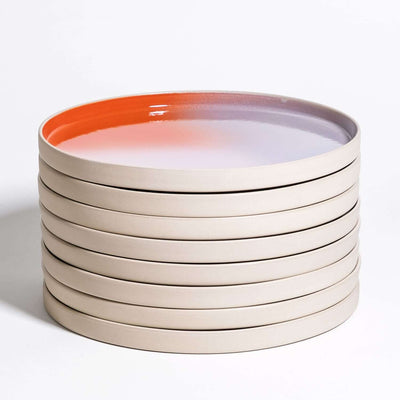 Set of 8 - Dinner Plate – New Dawn, Steingut Teller mit Farbverlauf von Rot über Pink nach Lilac, stapelbar.