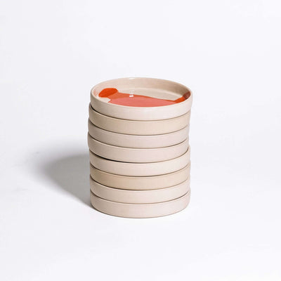 8er Set Steinzeug Untertasse in rot mit Splash-Glasur, zylindrisch und flach, ideal für Tassen oder als Ablage.