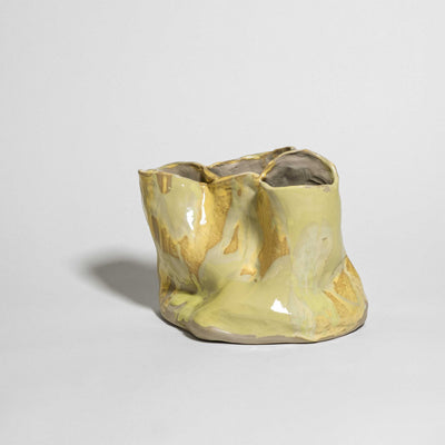 Handmade one-of-a-kind wide ceramic vase in buttery yellow stoneware glaze by Viola Beuscher